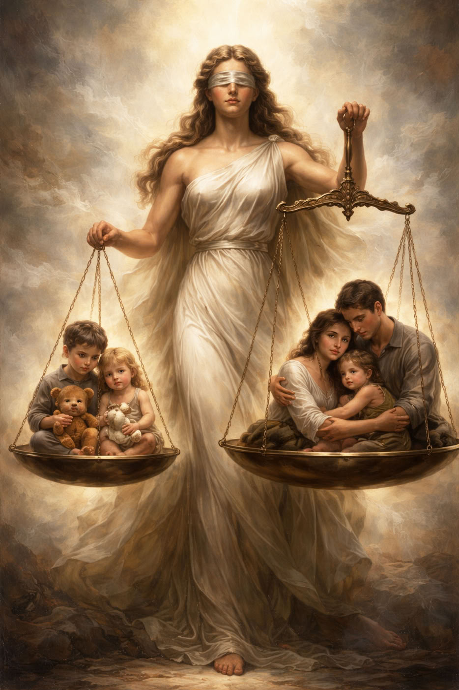 Bronze Lady Justice statue on a white office desk with hands in the background. Symbol of law and fairness.